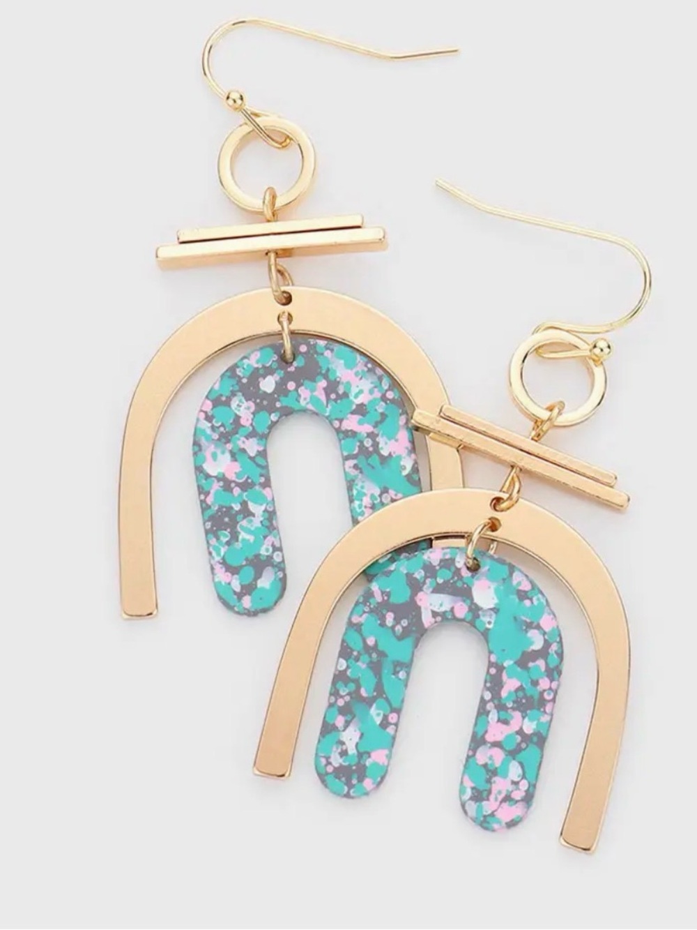 Gold Arch Earrings with Mint Speckled Inlay